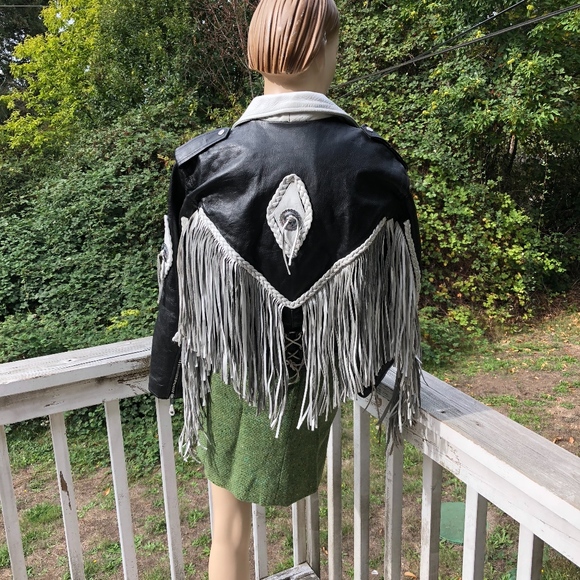 VTG UNIK MOTO LEATHER BLACK WHITE FRINGED JACKET - Picture 2 of 7